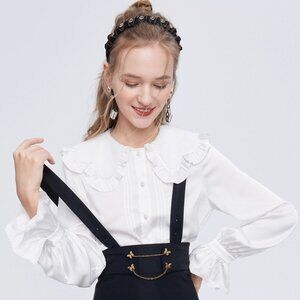 Jorya Embroidered Lace Collar Bow-Tie Blouse | Bell Sleeves